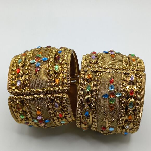 Vintage Mesh Hinged Wide, Gold Tone, Rhinestone Bangle Bracelet Pair - Picture 8 of 9